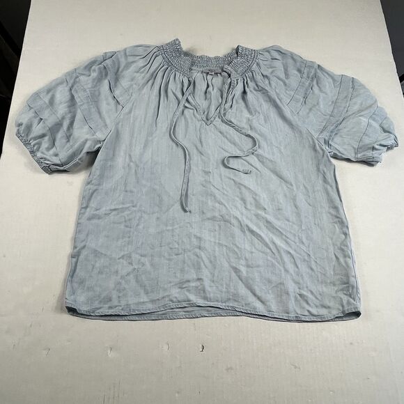 Rails Chambray Blue Puff Sleeve Blouse Smocked Neck Boho Soft Casual Top Medium - Picture 1 of 11